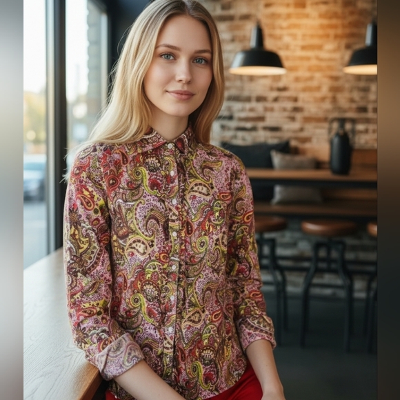 Sundance Tops - Sundance Paisley Blouse, Tiny  Ruffles, Button Down M, 8, Fine Cotton, EUC